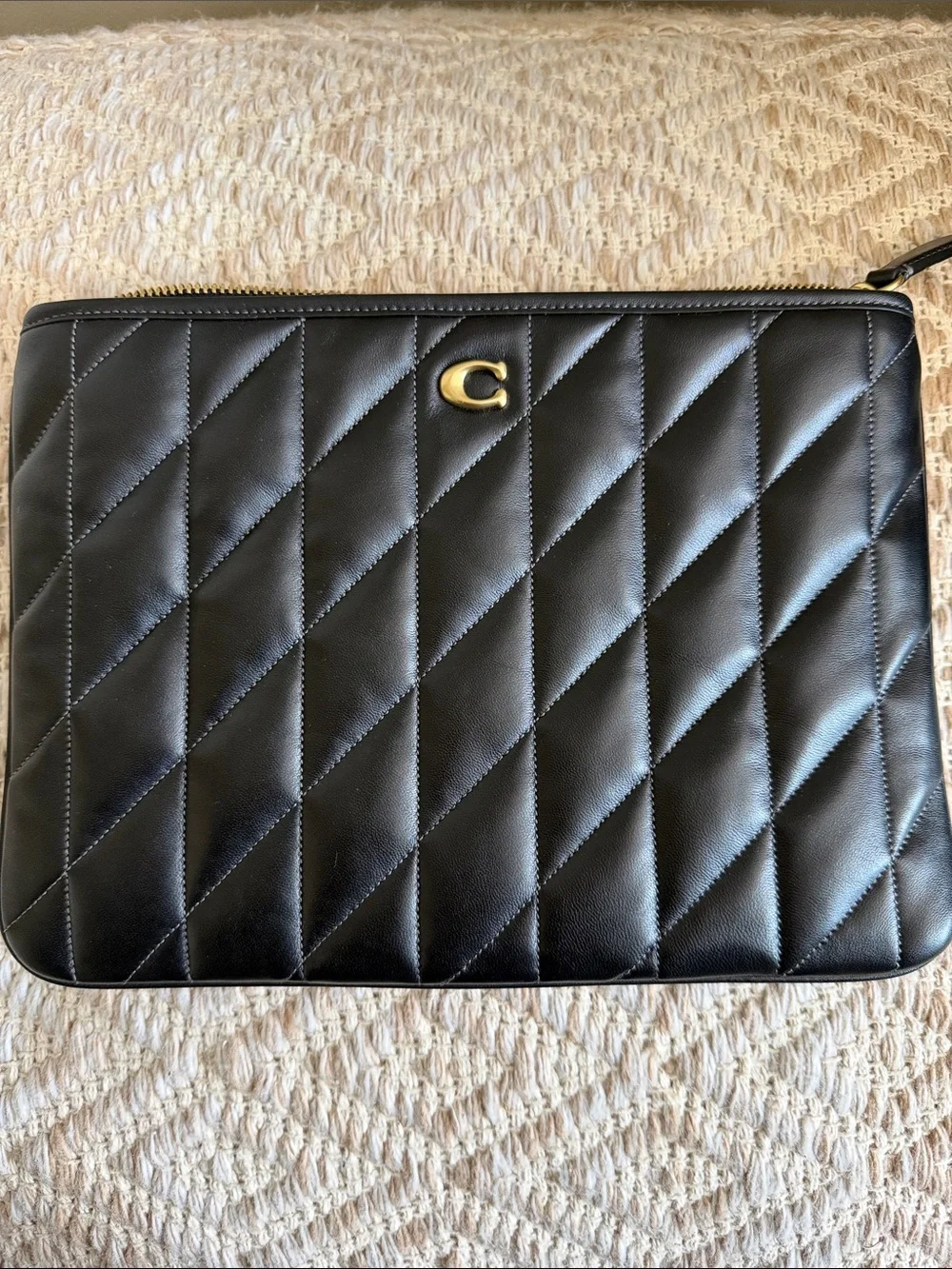 Coach Black Quilted Leather Zip Pouch with Gold Accent
